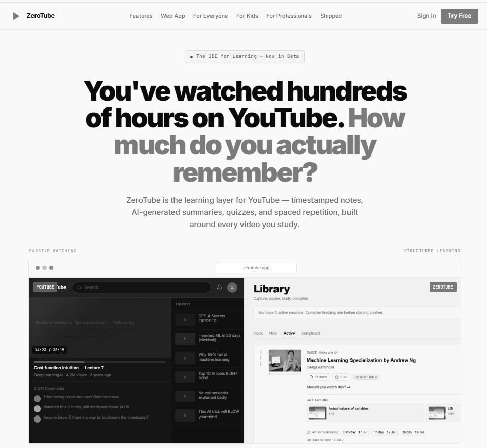 ZeroTube — distraction-free YouTube learning interface screenshot